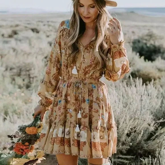 SOLD OUT Golden Floral Ruffle Fall Boho Long Sleeve Dress - Picture 1 of 12
